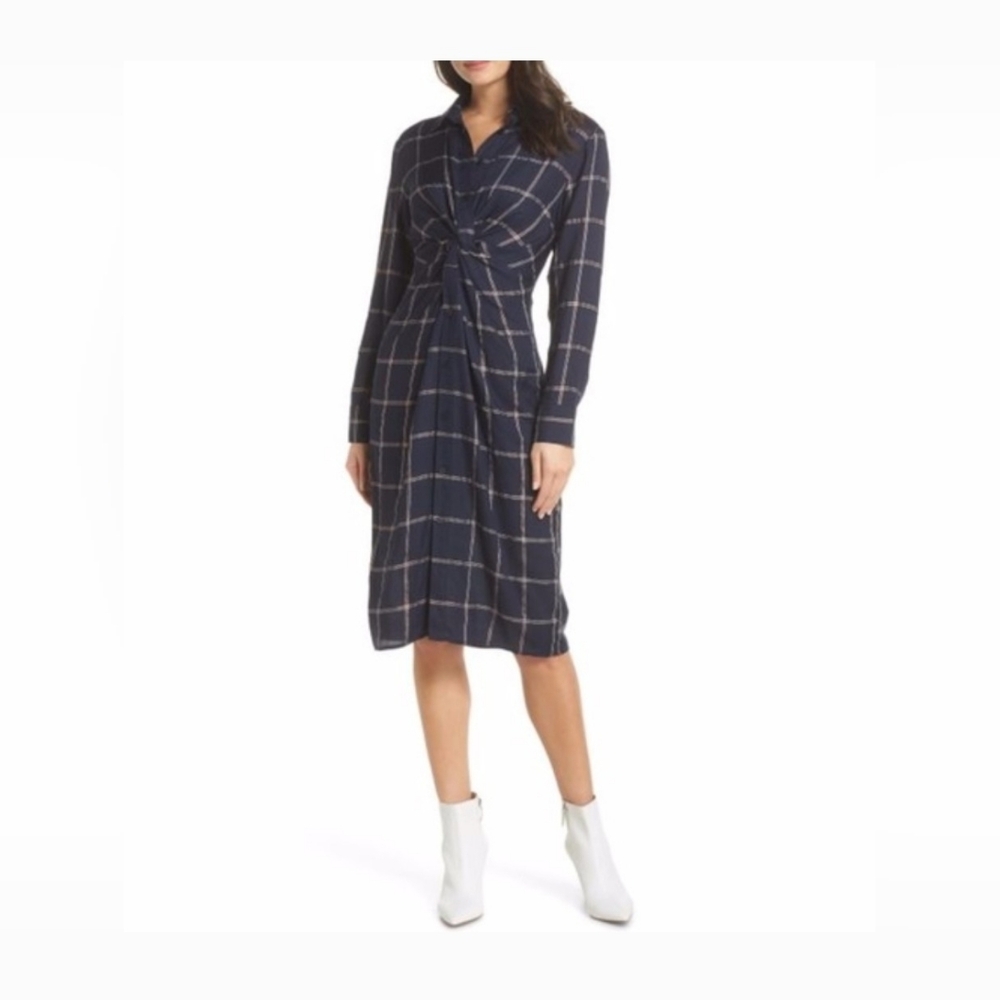 NWOT! Fall Metallic Plaid Cozy Women's Twist Knot Front Midi Shirtdress Small